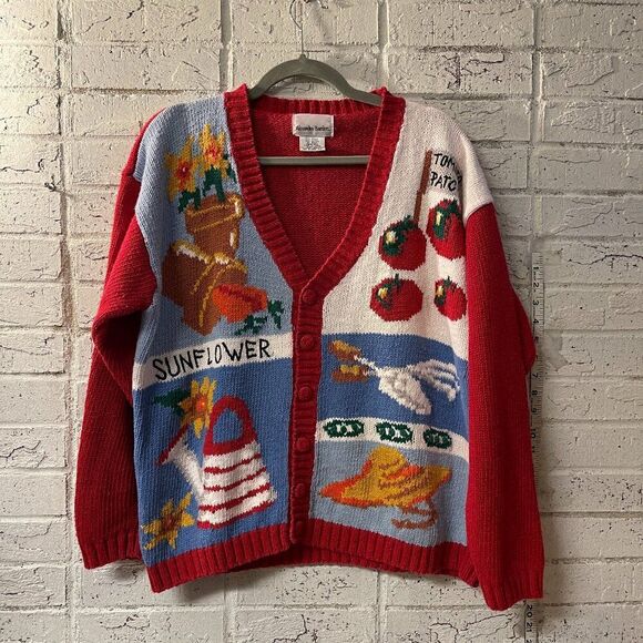 VintageโAlexandra Bartlett Garden Spring Patchwork Knit Cardigan XL - Picture 1 of 11